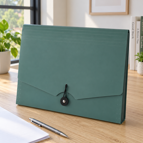 Elastic tie expanding document holder case in fresh forest green with protective flap and secure elastic cord closure, 32cm x 24cm