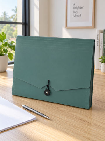 Elastic tie expanding document holder case in fresh forest green with protective flap and secure elastic cord closure, 32cm x 24cm
