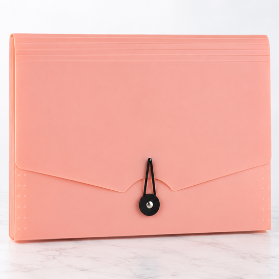 Elastic tie expanding document holder case in lovely pastel pink with protective flap and secure elastic tie closure, 32cm x 24cm