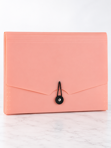 Elastic tie expanding document holder case in lovely pastel pink with protective flap and secure elastic tie closure, 32cm x 24cm