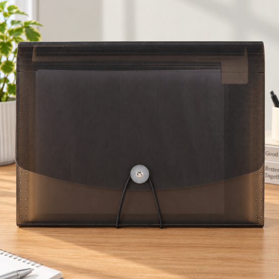 Snap button poly document holder case in sleek executive black with front flap and secure snap button closure