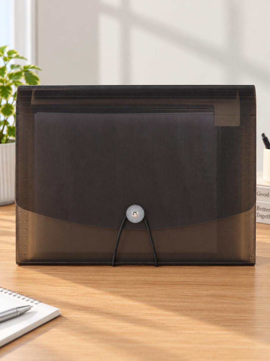 Snap button poly document holder case in sleek executive black with front flap and secure snap button closure