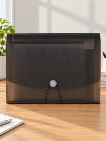 Snap button poly document holder case in sleek executive black with front flap and secure snap button closure