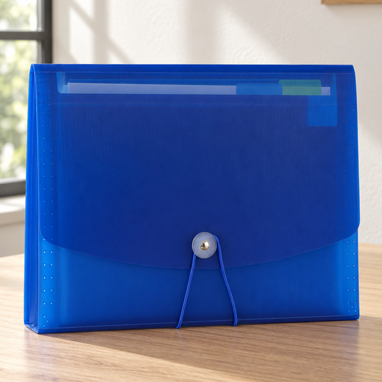 Snap button poly document holder case in crisp royal blue with front flap and secure snap button fastener