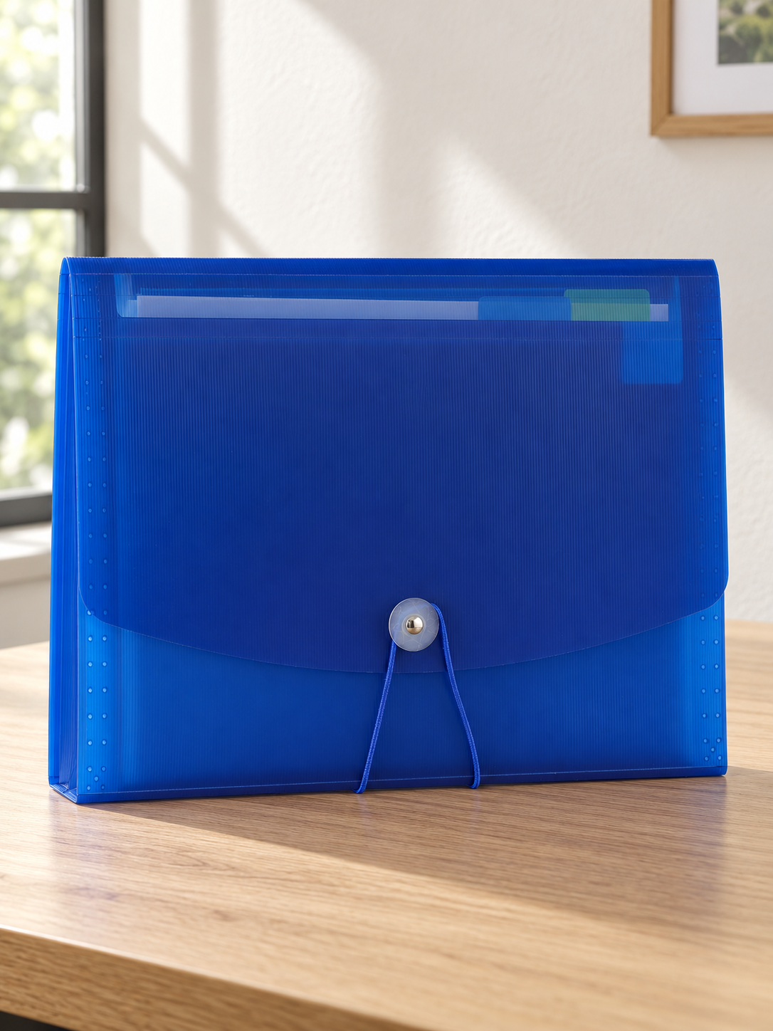 Snap button poly document holder case in crisp royal blue with front flap and secure snap button fastener
