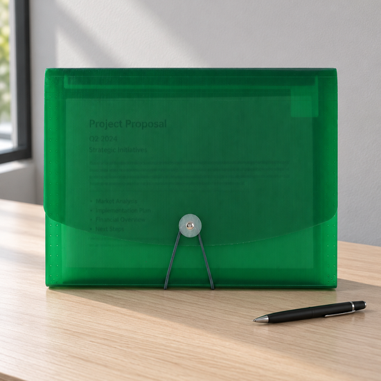 Snap button poly document holder case in lively fresh green with front flap and secure snap button fastener