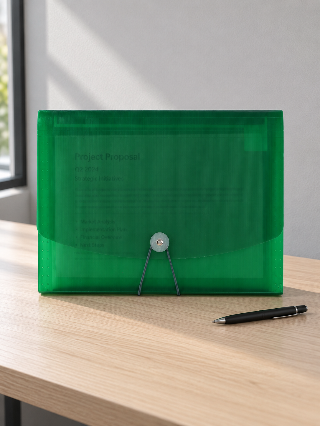 Snap button poly document holder case in lively fresh green with front flap and secure snap button fastener