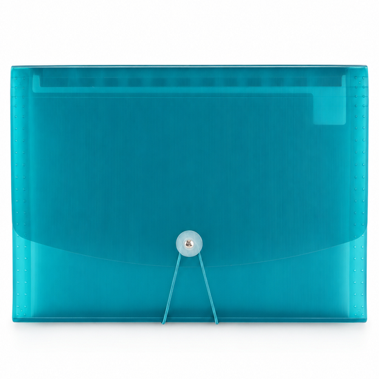 Snap button poly document holder case in radiant turquoise cyan with protective flap and snap button fastener