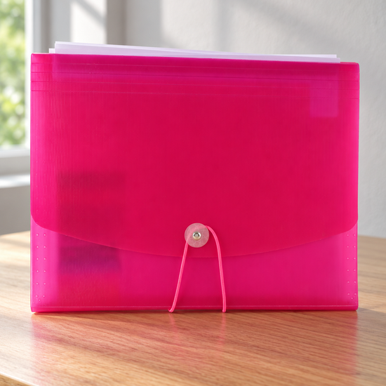 Snap button poly document holder case in lovely pastel pink with front flap and secure snap button closure