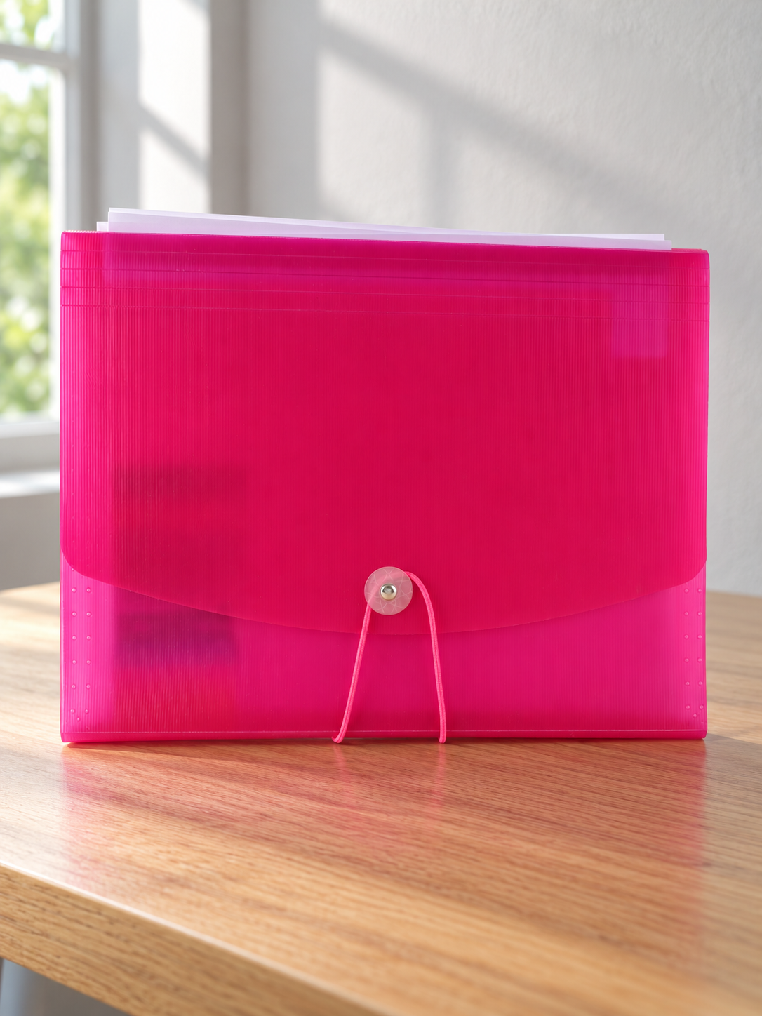 Snap button poly document holder case in lovely pastel pink with front flap and secure snap button closure