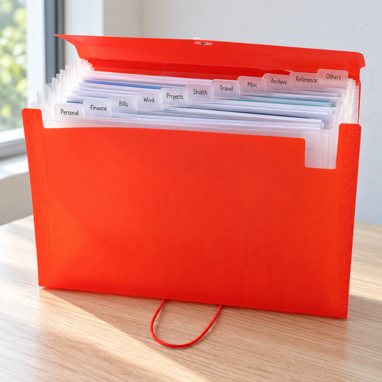 Snap button poly document holder case in bold bright red with front flap and secure snap button closure