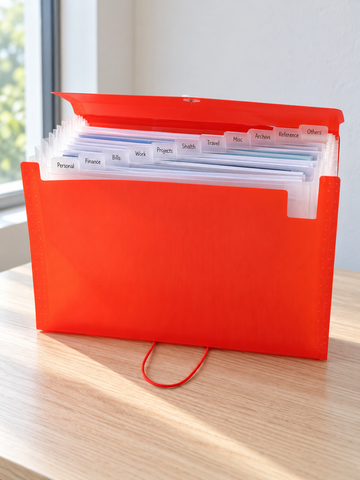 Snap button poly document holder case in bold bright red with front flap and secure snap button closure