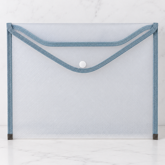 A4 transparent clear document folder sleeve with blue accent trim and easy-access thumb notch, 33cm x 24cm