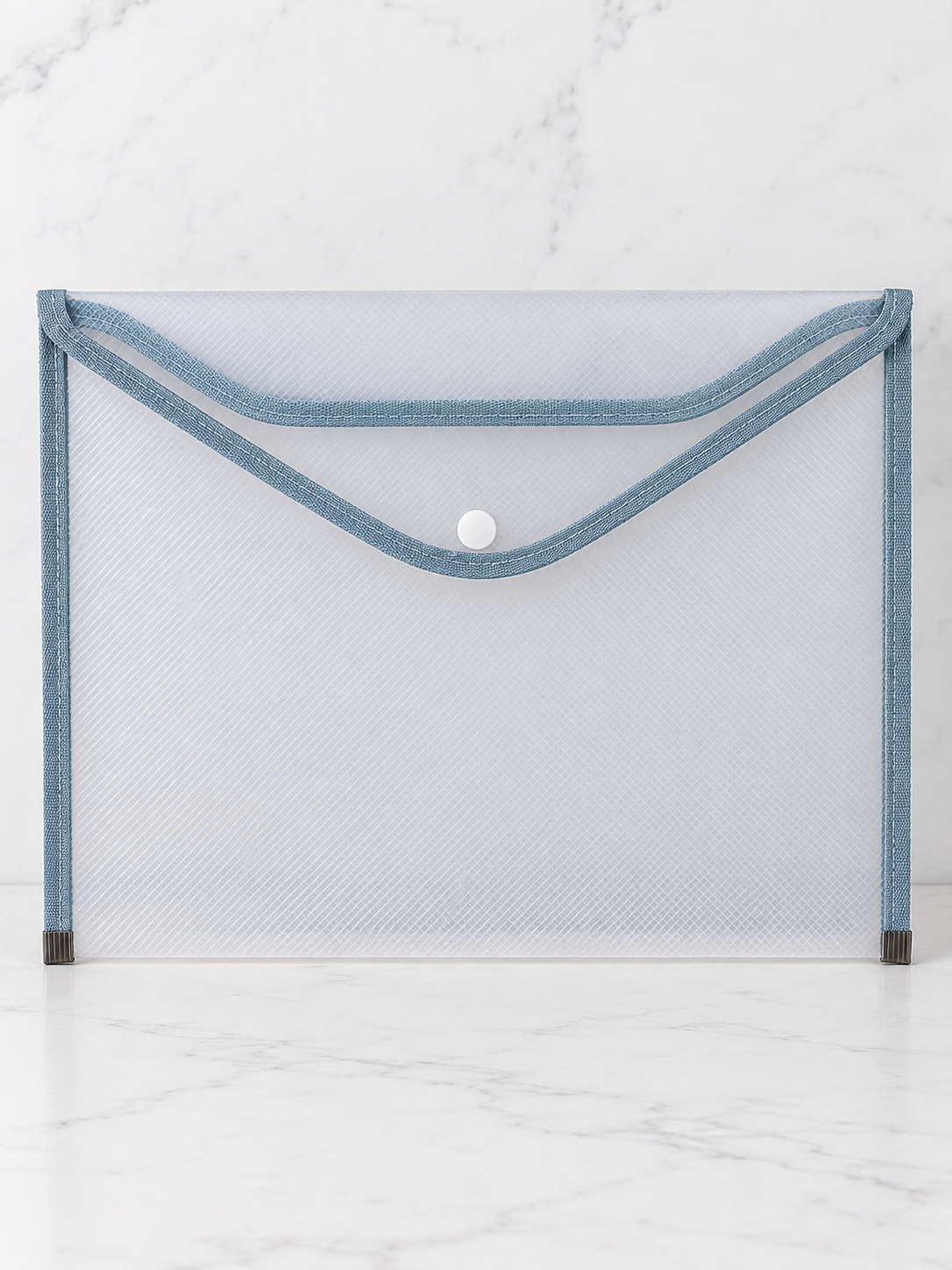 A4 transparent clear document folder sleeve with blue accent trim and easy-access thumb notch, 33cm x 24cm