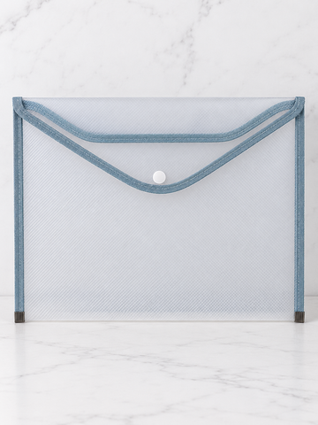 A4 transparent clear document folder sleeve with blue accent trim and easy-access thumb notch, 33cm x 24cm