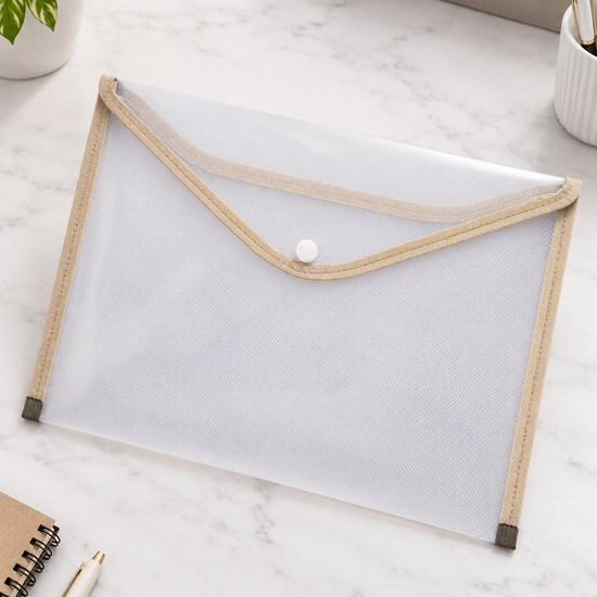 A4 transparent clear document folder sleeve with warm brown accent trim and easy-access thumb cutout, 33cm x 24cm