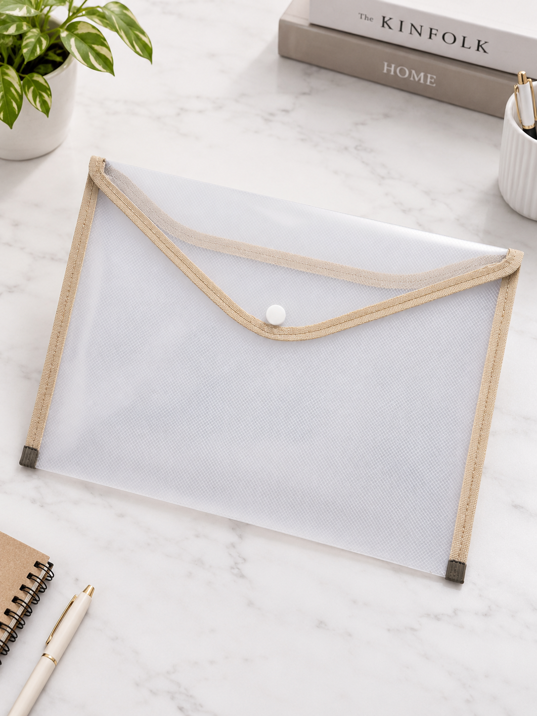 A4 transparent clear document folder sleeve with warm brown accent trim and easy-access thumb cutout, 33cm x 24cm