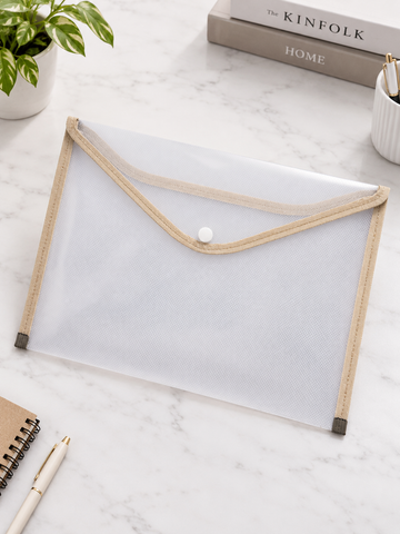 A4 transparent clear document folder sleeve with warm brown accent trim and easy-access thumb cutout, 33cm x 24cm