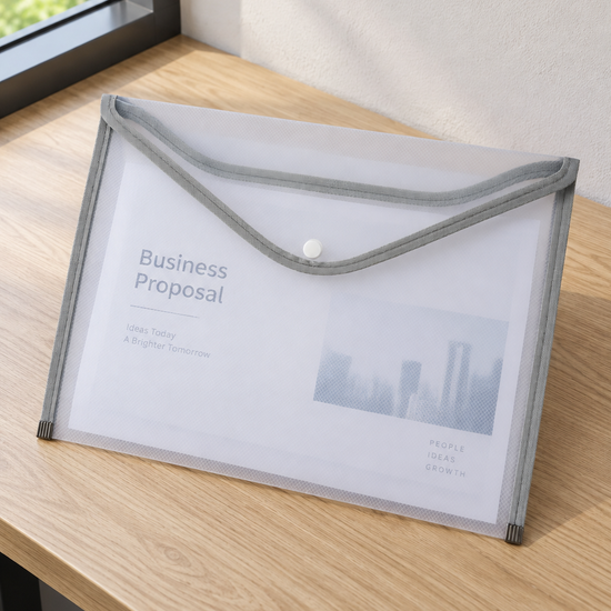 A4 transparent clear document folder sleeve with modern slate grey accent trim and thumb cutout notch, 33cm x 24cm
