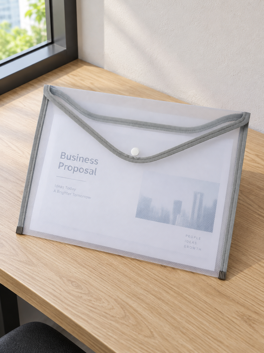 A4 transparent clear document folder sleeve with modern slate grey accent trim and thumb cutout notch, 33cm x 24cm