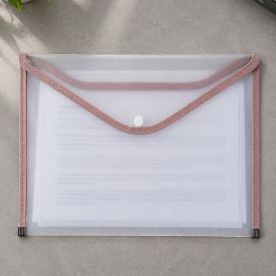 A4 transparent clear document folder sleeve with soft peach accent trim and ergonomic thumb notch cutout, 33cm x 24cm