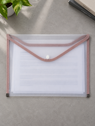 A4 transparent clear document folder sleeve with soft peach accent trim and ergonomic thumb notch cutout, 33cm x 24cm