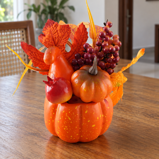 T&CO decorative autumn harvest pumpkin tabletop floral accent featuring rustic orange pumpkin, realistic foliage, and pinecone elements, 18cm height