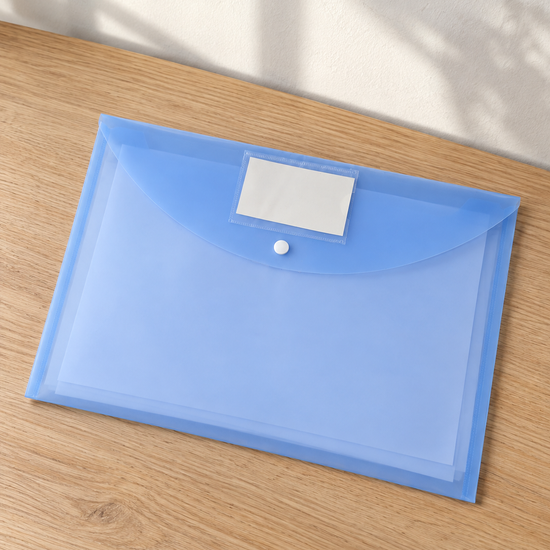 Snap button document envelope folder in bright royal blue with secure snap closure and protective flap, 36cm x 26cm