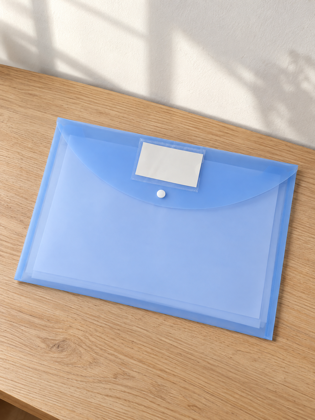Snap button document envelope folder in bright royal blue with secure snap closure and protective flap, 36cm x 26cm
