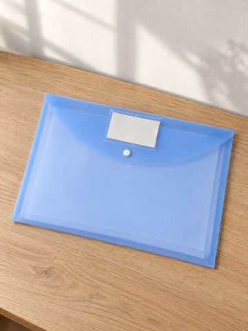 Snap button document envelope folder in bright royal blue with secure snap closure and protective flap, 36cm x 26cm