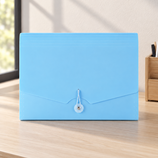 Elastic tie expanding document wallet folder in royal blue with multi-compartment dividers and elastic cord closure