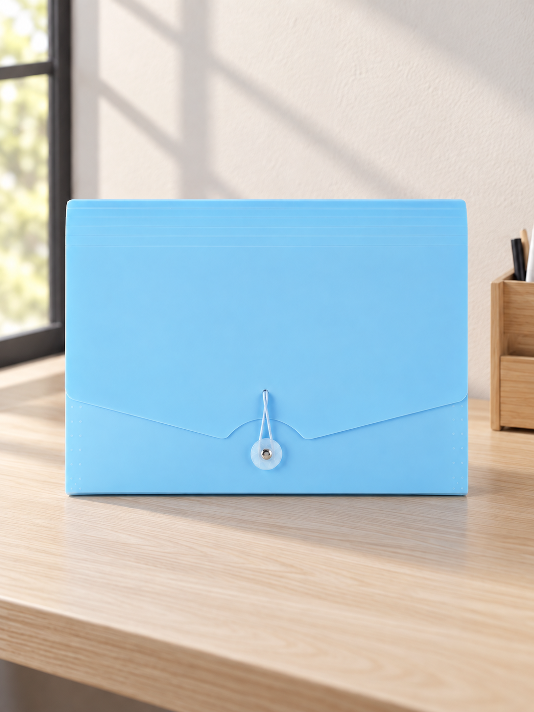 Elastic tie expanding document wallet folder in royal blue with multi-compartment dividers and elastic cord closure