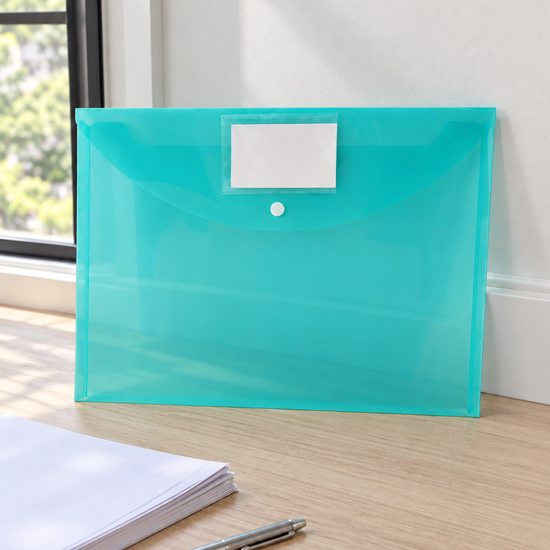 Snap button document envelope folder in fresh lime green with secure snap button closure and protective flap, 36cm x 26cm