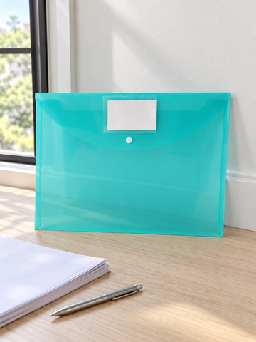 Snap button document envelope folder in fresh lime green with secure snap button closure and protective flap, 36cm x 26cm