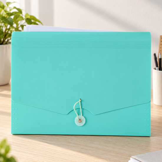 Elastic tie expanding document wallet folder in vibrant forest green with multi-compartment dividers and elastic tie cord closure