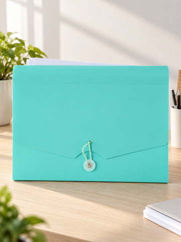 Elastic tie expanding document wallet folder in vibrant forest green with multi-compartment dividers and elastic tie cord closure