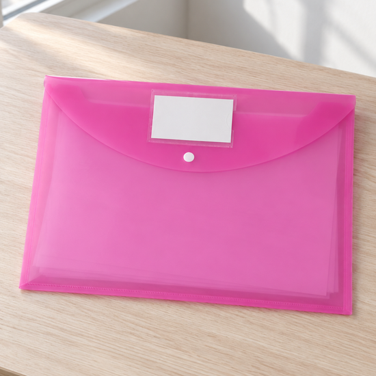 Snap button document envelope folder in lovely translucent pastel pink with white snap fastener and protective flap, 36cm x 26cm