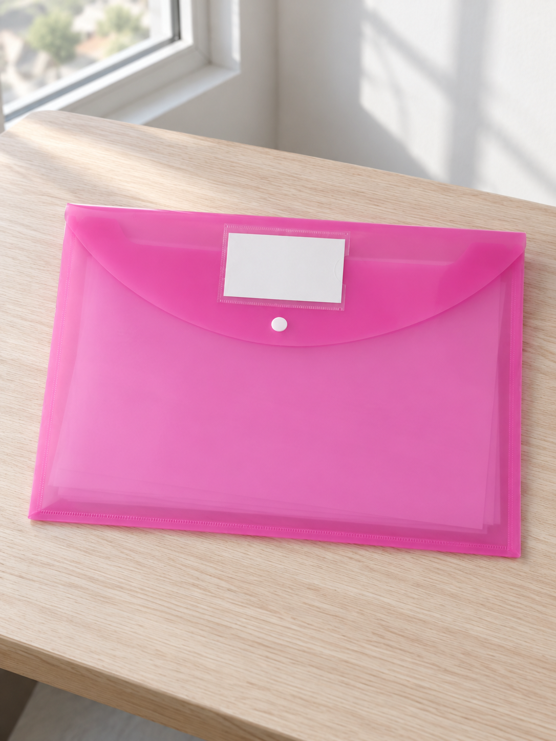 Snap button document envelope folder in lovely translucent pastel pink with white snap fastener and protective flap, 36cm x 26cm