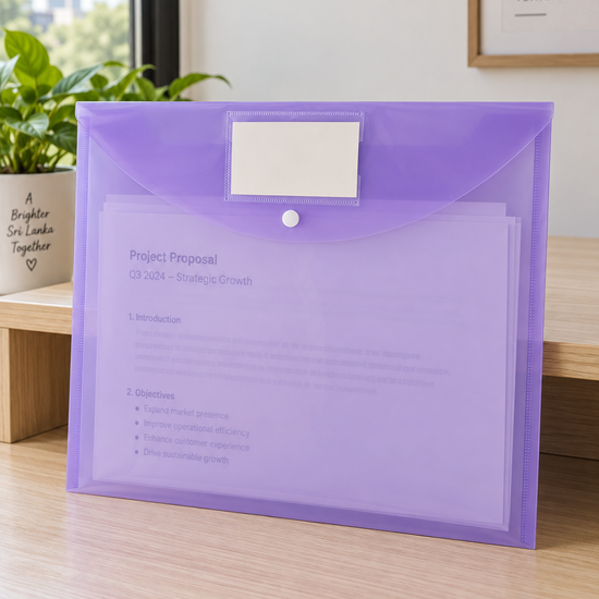 Snap button document envelope folder in vibrant translucent purple with white snap button closure and protective flap, 36cm x 26cm