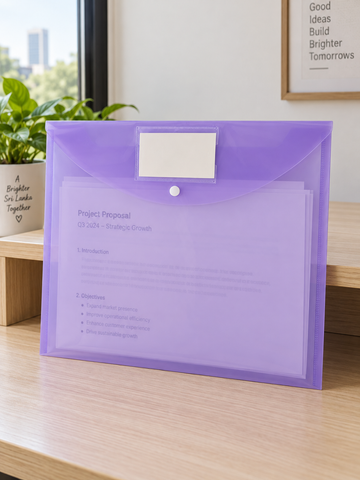 Snap button document envelope folder in vibrant translucent purple with white snap button closure and protective flap, 36cm x 26cm