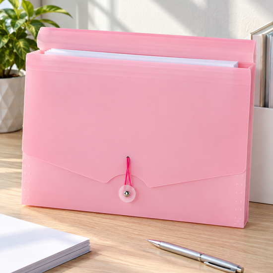 Elastic tie expanding document wallet folder in charming pastel pink with multi-compartment dividers and elastic tie cord closure