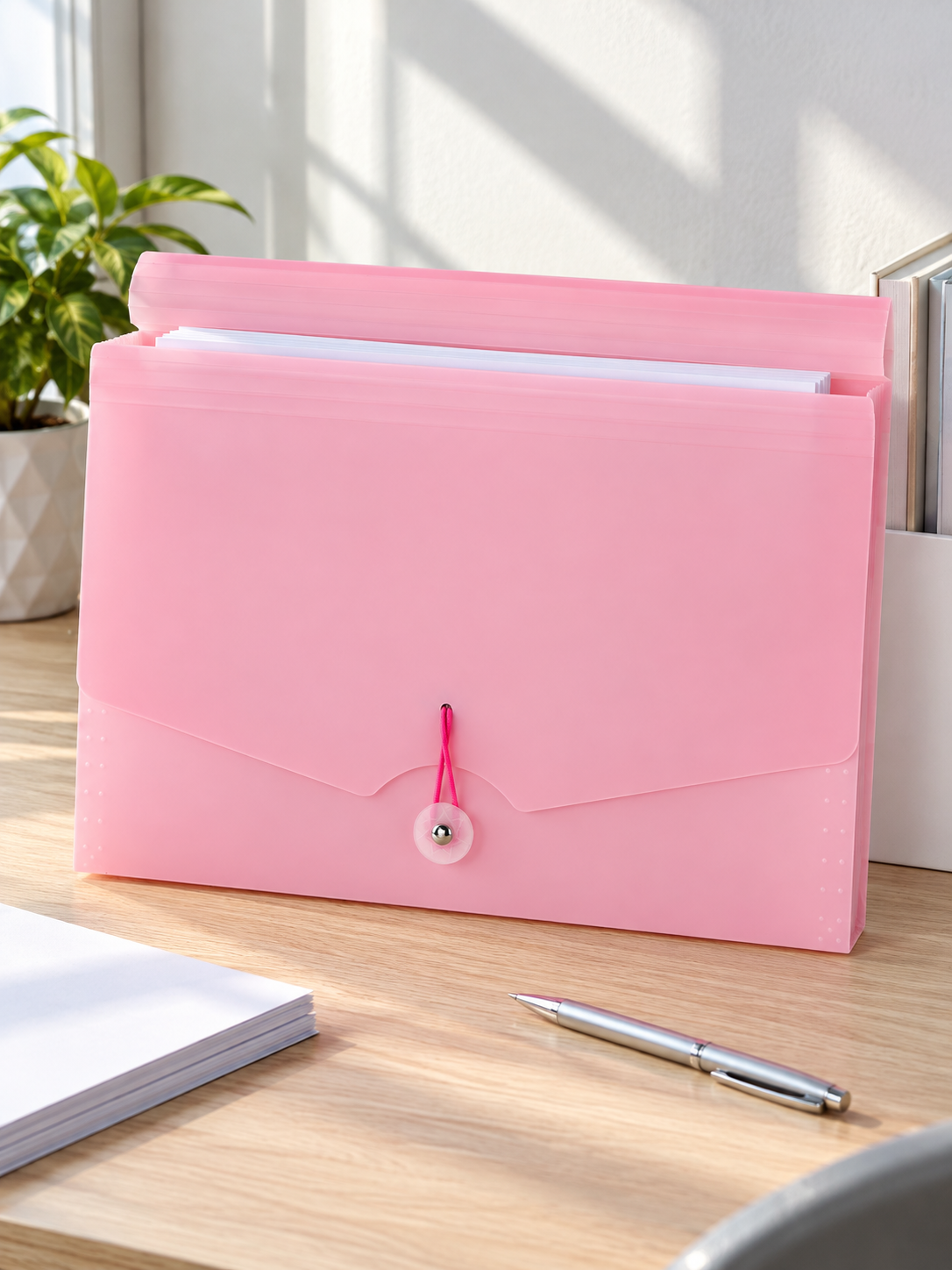 Elastic tie expanding document wallet folder in charming pastel pink with multi-compartment dividers and elastic tie cord closure
