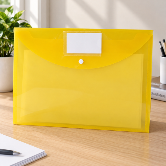 Snap button document envelope folder in bright sunny yellow with white snap button closure and protective flap, 36cm x 26cm