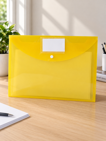 Snap button document envelope folder in bright sunny yellow with white snap button closure and protective flap, 36cm x 26cm