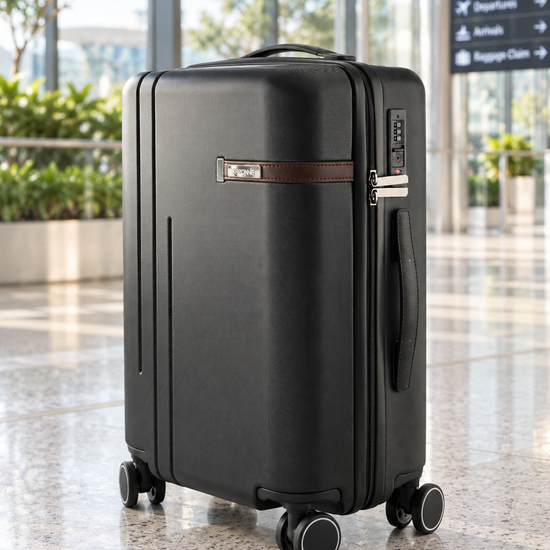 T&CO 925 hardshell 360-degree spinner cabin luggage suitcase in sleek black, 20 inch cabin size with telescoping handle