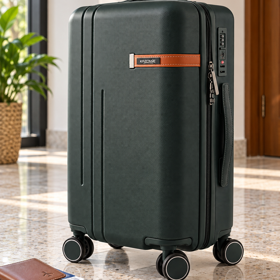 T&CO 925 hardshell 360-degree spinner cabin luggage suitcase in rich dark green, 20 inch cabin size with telescoping handle