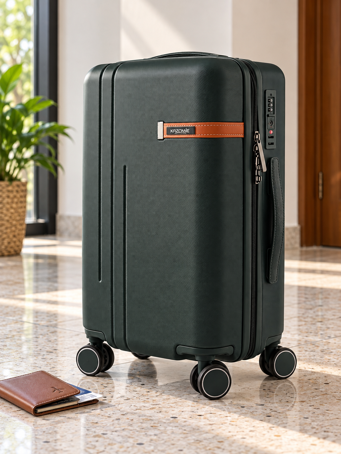 T&CO 925 hardshell 360-degree spinner cabin luggage suitcase in rich dark green, 20 inch cabin size with telescoping handle