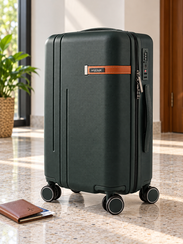 T&CO 925 hardshell 360-degree spinner cabin luggage suitcase in rich dark green, 20 inch cabin size with telescoping handle
