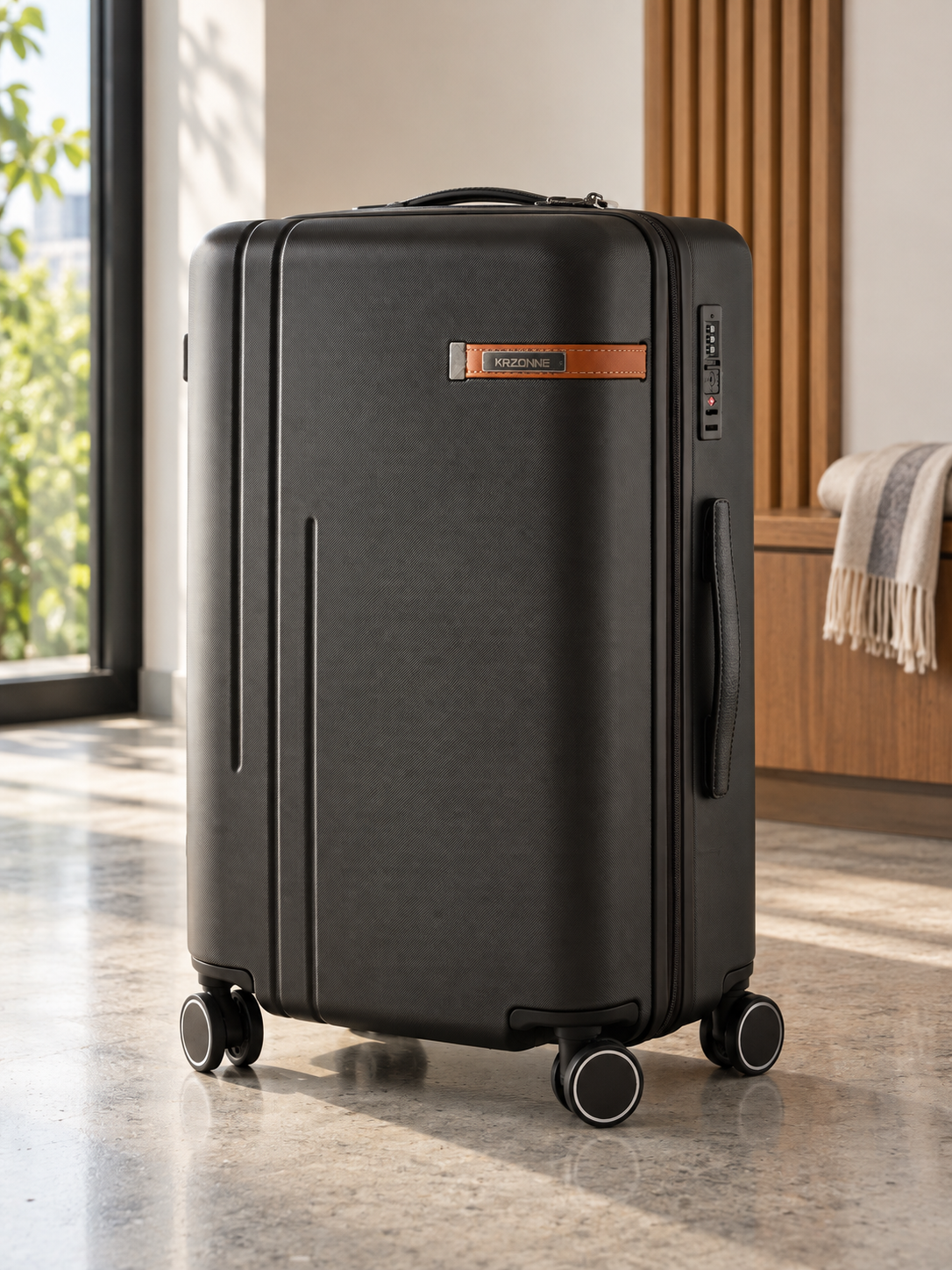 T&CO 925 hardshell 360-degree spinner medium checked luggage suitcase in warm coffee brown, 24 inch size with heavy-duty telescopic handle