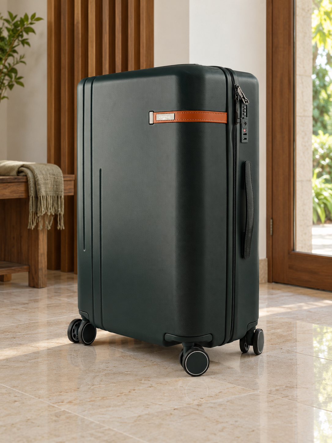T&CO 925 hardshell 360-degree spinner medium checked luggage suitcase in deep dark green, 24 inch size with heavy-duty telescopic handle